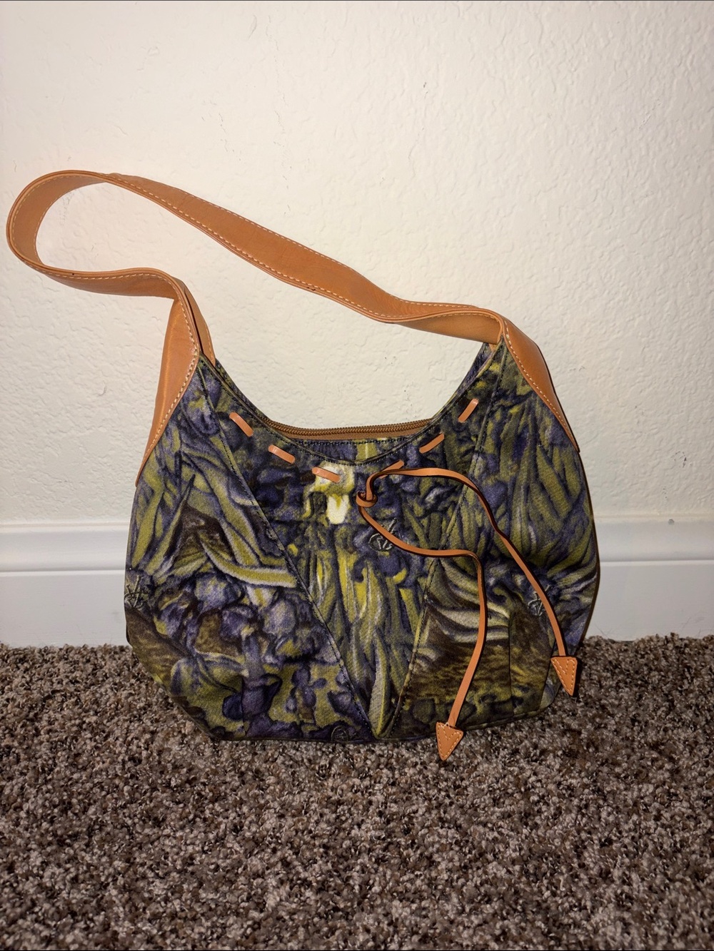 Vincent Longo Blue & Yellow Floral Hobo Shoulder Bag with Tan Trim